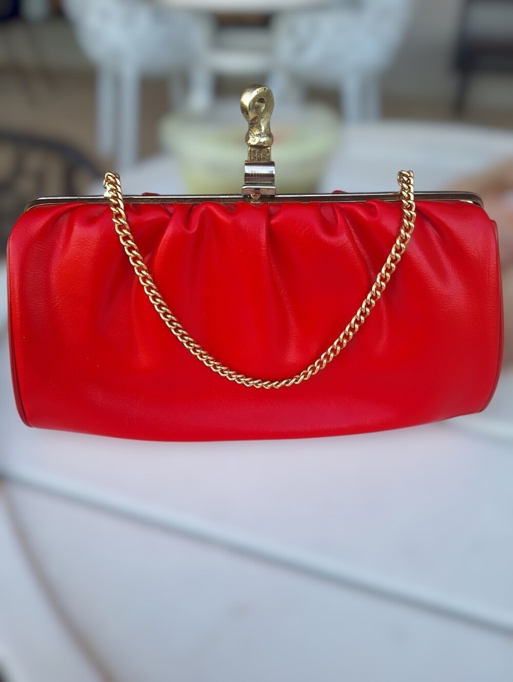 Red Leatherette Chain-Clasp Evening Clutch Vintage
